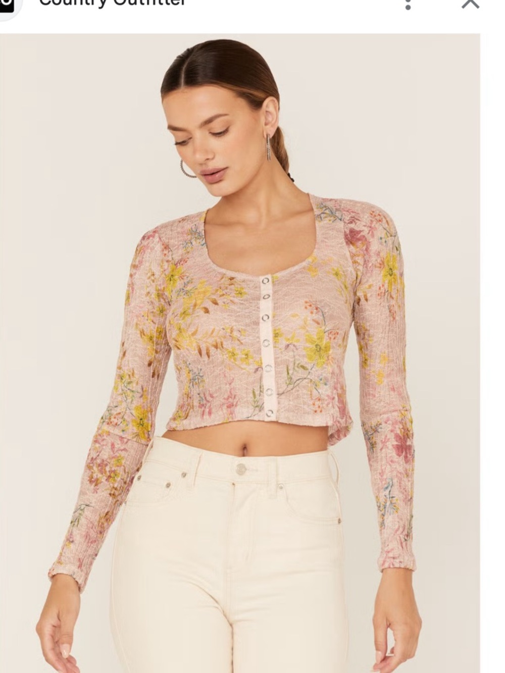 We The Free Pink Floral Button-Front Cropped Long Sleeve Top